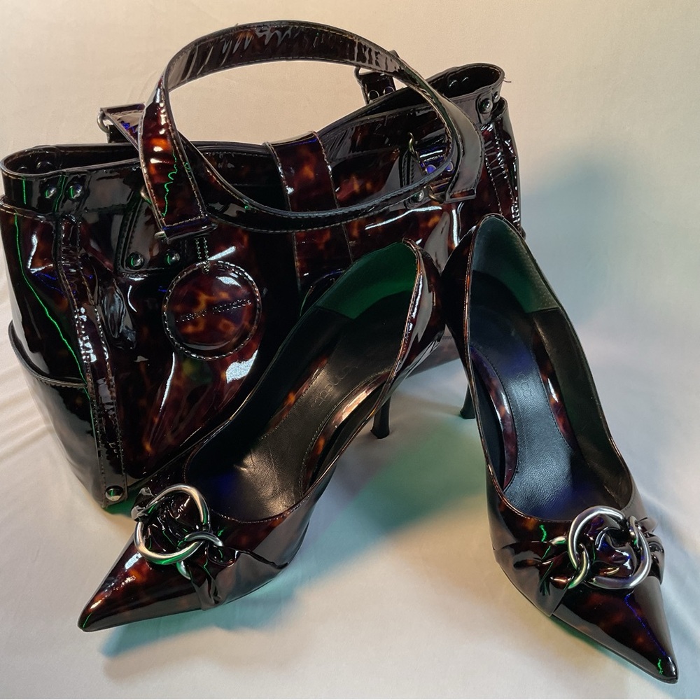 Jessica Bennett Tortoise Shell Patent Leather Heels and Purse w/Silver Accents